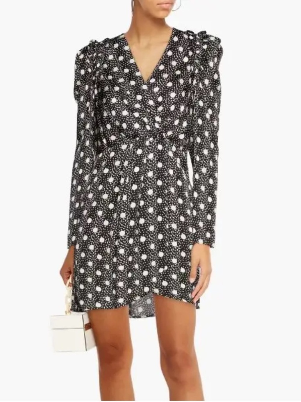 SANDRO Roxane Dress Womens XS Mini Long Sleeve Polka Dots V-Neck Designer Office